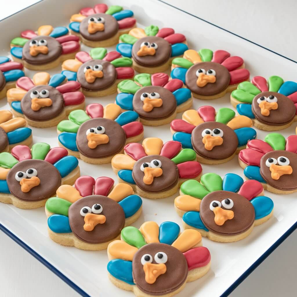 A photo of a white tray filled with an array of colorful turkey-shaped sugar cookies. Each cookie is decorated with vibrant icing to resemble a cute Thanksgiving turkey. The cookies are topped with colorful feathers made of icing, giving them a playful and festive appearance. The background is clean and simple, allowing the cookies to be the main focus of the image.