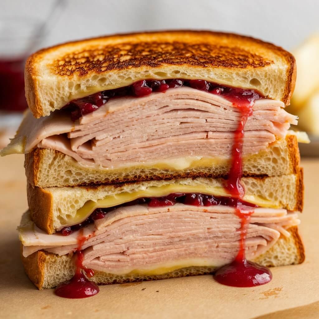 A photo of a grilled cheese sandwich filled with turkey and red cranberry sauce. The sandwich is cut in half and stacked, revealing the layers of ingredients inside. The bread is toasted to a perfect golden brown with a crisp, buttery surface. The filling is rich and savory, consisting of melted Swiss cheese that is gooey and stretchy, blending harmoniously with layers of tender turkey breast slices which are stacked neatly, with generous dollops of bright red sauce spread on top, adding a sweet and tangy flavor contrast. Beneath the turkey, a layer of melted cheese, likely Swiss or provolone, peeks out, its creamy texture complementing the other flavors. The red sauce oozes slightly from the sandwich, creating a visual contrast with the pale turkey slices and the golden-brown bread. The cheese is melting perfectly and oozes. The sandwich is set on a clean white surface, making the vibrant colors of the turkey, red