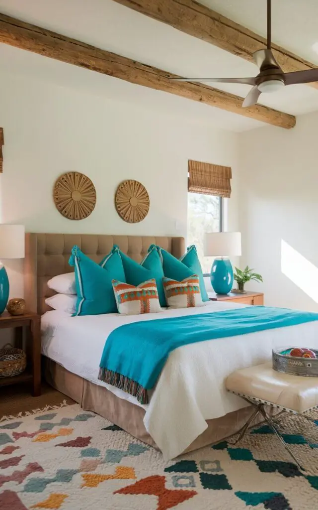 A Southwestern bedroom with a cozy bed accented by turquoise throw pillows and lamps. The bright pops of turquoise stand out against the room's earthy tones, adding a vibrant yet balanced contrast to the overall desert-inspired design.