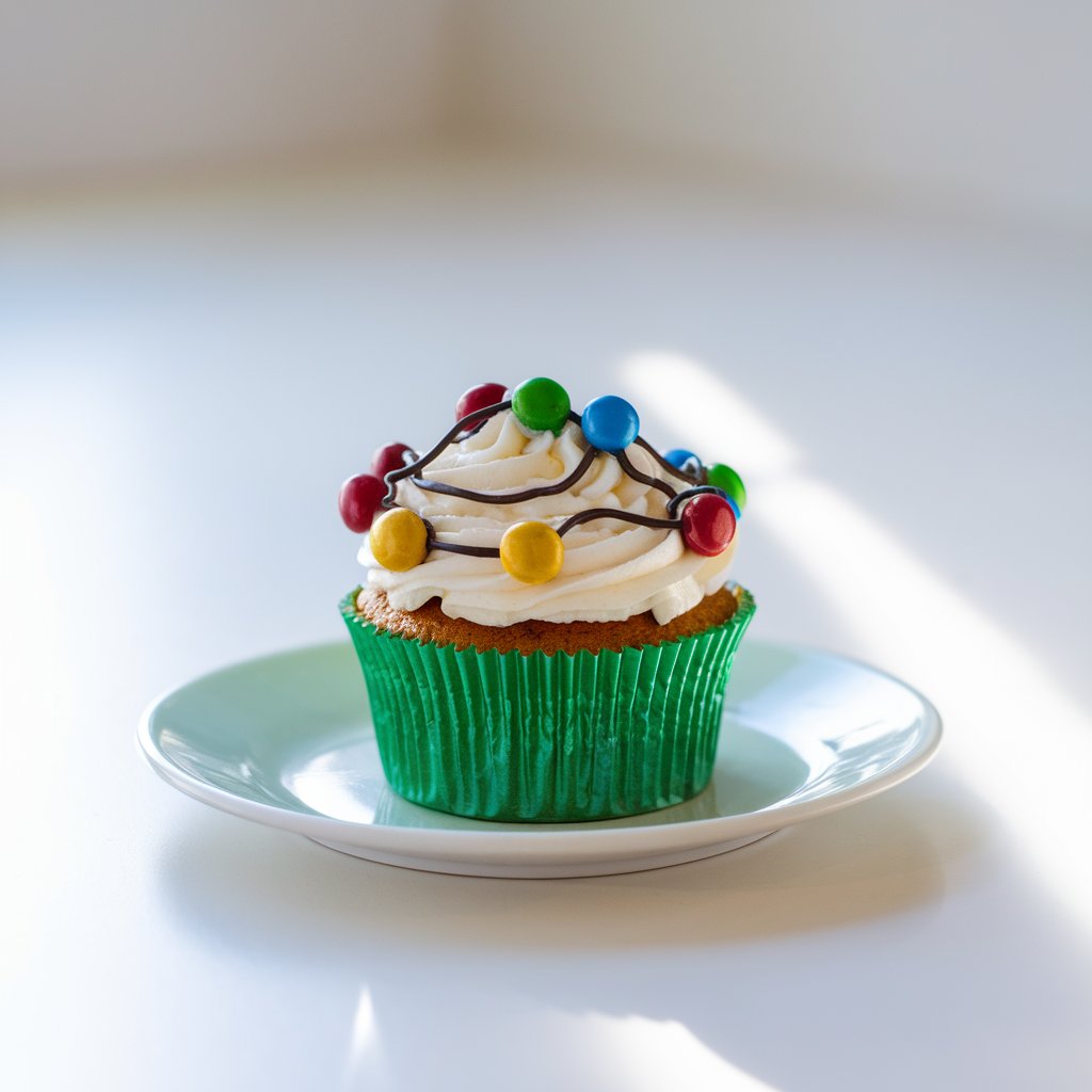 A playful cupcake with colorful decorations is placed on a bright plain white kitchen countertop, surrounded by soft natural light that highlights its bright, cheerful hues. The frosting, smooth and pale, acts as a perfect canvas for the string of edible "lights" made from candy-coated chocolates in red, green, yellow, and blue. These candies are connected with fine lines of dark chocolate icing, forming the appearance of twinkling Christmas lights draped over the surface. The cupcake rests in a lively green liner that accentuates the holiday color palette. The gentle glow from the natural light reflects subtly off the candies, creating the illusion of tiny bulbs shining on a snowy winter morning. It is placed on a white plate.