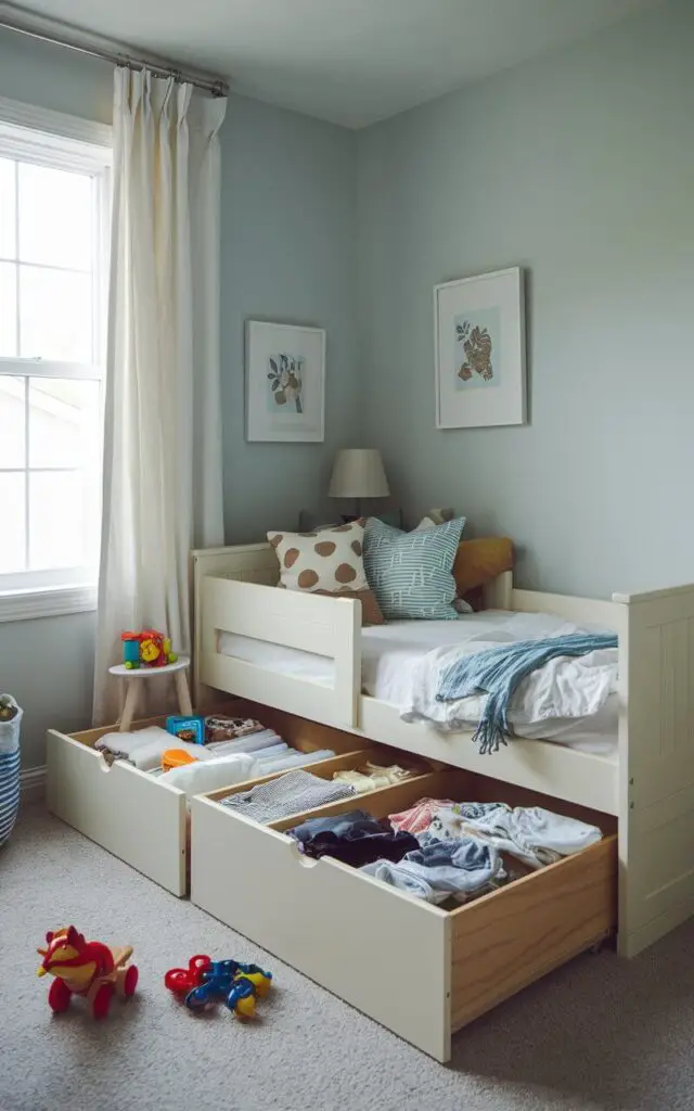 A photo of a small toddler bedroom with under-bed storage. A cozy toddler bed is placed against the wall. Beneath the bed, there are large sliding drawers filled with toys and clothes. The room is kept clutter-free, with only a few toys and a small lamp on the floor. The walls are painted with a light blue color, and the room has a window with white curtains.