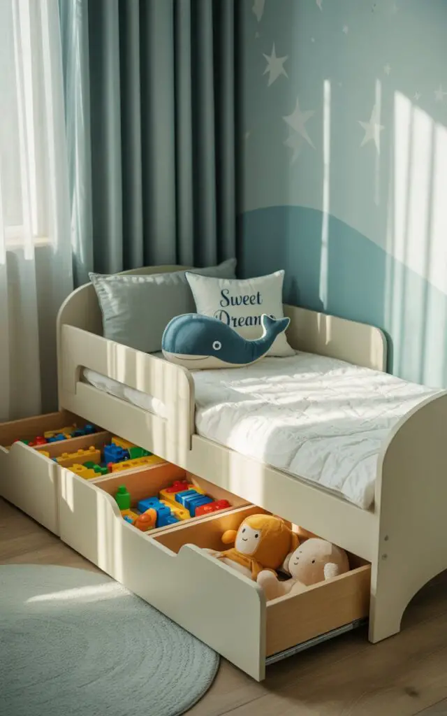 A photograph of a cozy toddler bedroom, bathed in the gentle glow of morning light. A small child's bed, pushed against a soft blue wall adorned with subtle star decals, features crisp white linens and a playful whale-shaped pillow reading "Sweet Dreams". Large pull-out drawers beneath the bed are neatly filled with colorful building blocks and stuffed animals, visible through cleverly designed cut-out handles. A pale gray rug anchors the room while sheer white curtains filter sunlight, creating a tranquil and organized space.
