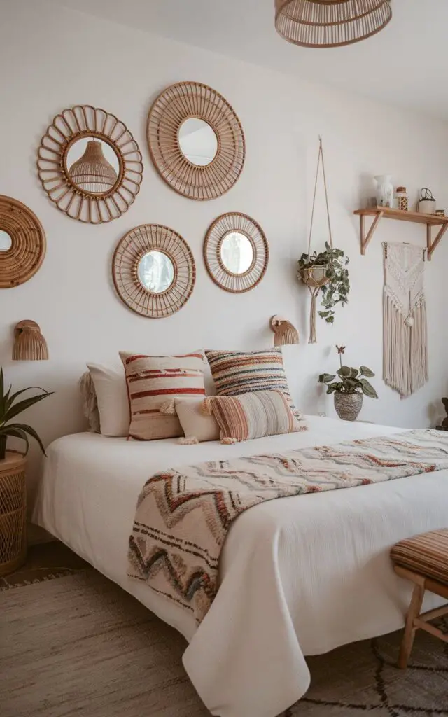 A photo of a boho-style bedroom with a cozy bed. The bed has a white duvet cover and is adorned with colorful throw pillows. Above the bed, there are unique wall mirrors with rattan frames in varying shapes and sizes. These mirrors add depth and reflect light around the room. The floor is covered with a soft rug. The walls have a few decorative items, including a hanging planter and a wooden shelf. The room has a spacious feel.