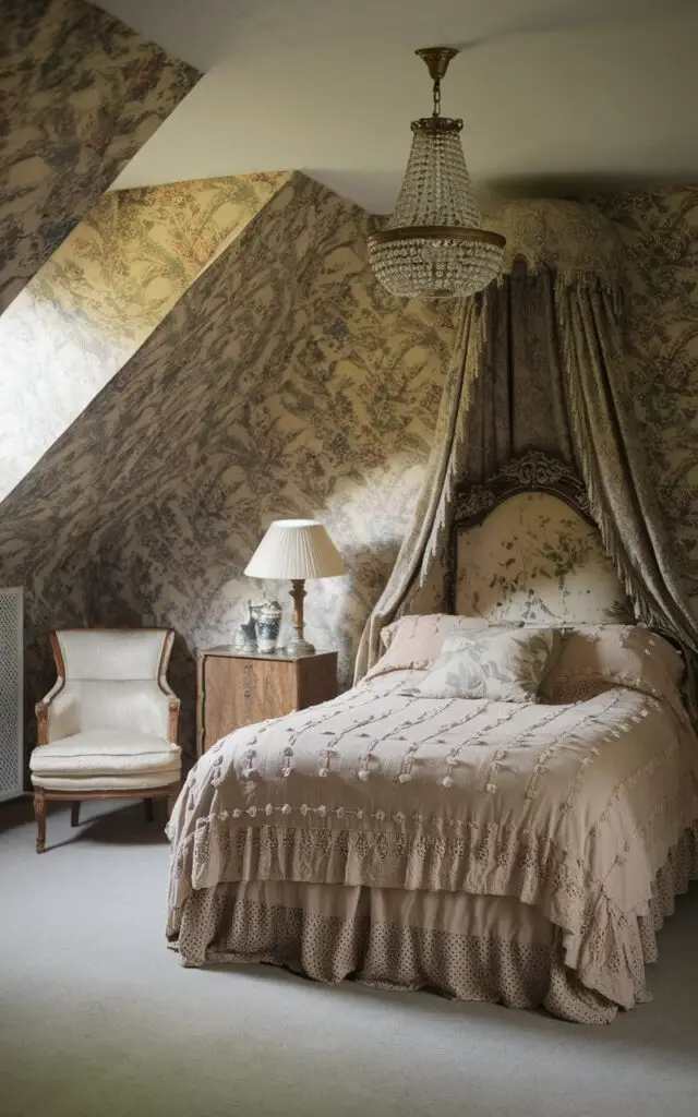 A photo of a vintage-inspired attic bedroom with floral wallpaper and antique furniture. The cozy bed has lace bedding and an ornate headboard. There is a chair in the corner and a lamp beside the bed. A crystal chandelier hangs from the ceiling.