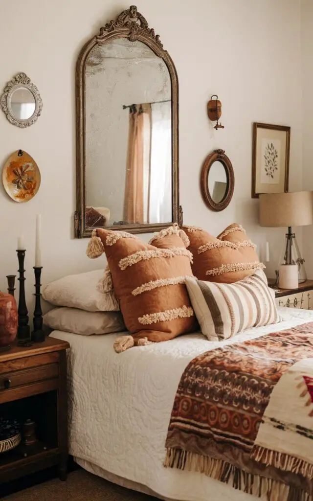 A boho bedroom filled with unique vintage finds, including an antique mirror and decorative trinkets. The very cozy bed is adorned with vintage-style quilts and textured pillows in warm, muted colors. The worn wood nightstand and vintage candle holders create a collected, personal feel, adding an air of timeless charm to this carefully curated, eclectic space.