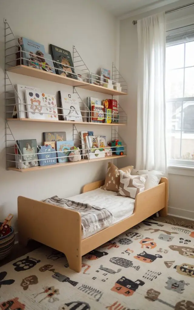 A photo of a small toddler bedroom with low, wall-mounted shelves filled with books and toys. The cozy toddler bed is positioned beneath a bright window, with a playful rug covering the floor. The shelves are in reach for the toddler, encouraging independent play and learning.