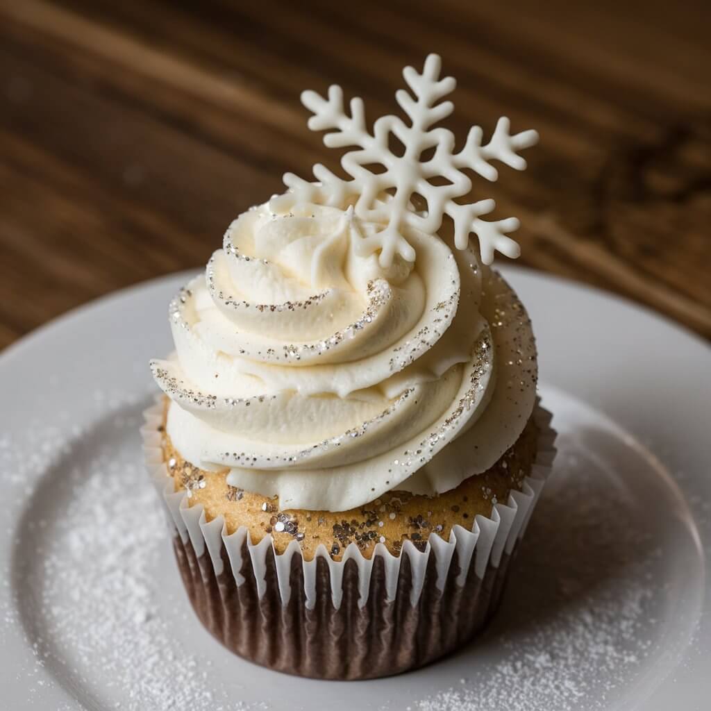 A photo of an elegant white cupcake with a swirl of white chocolate frosting and a delicate, hand-crafted white chocolate snowflake. The cupcake's frosting has a subtle shimmer, and a sprinkle of edible glitter adds extra sparkle, capturing a snowy, wintery vibe. A dusting of powdered sugar around the base adds a "snow" effect. The cupcake is placed on a white plate on a wooden surface.