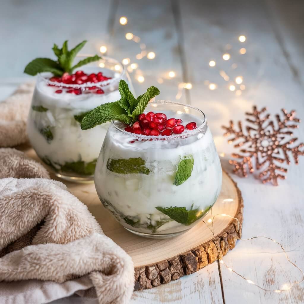 A photo of two frosty, white Christmas mojitos in clear, rounded glasses set on a rustic, light wood surface. Each glass is filled with a creamy white liquid, hinting at a blend of coconut milk and rum, with hints of crushed ice and pieces of mint leaves dispersed throughout. Atop each drink, vibrant red pomegranate arils are sprinkled generously, adding a burst of color, alongside a fresh green mint leaf garnish resting on the icy foam layer of each mojito. In the foreground, a cozy dish towel lies across the table, adding a festive, natural touch. To the right, a delicate metal snowflake ornament in a copper tone is partially visible, adding a sparkling holiday charm. A string of small, warm fairy lights weaves through the scene, their soft glow reflecting gently off the glasses and the wood surface, enhancing the cozy, wintery ambiance. In the blurred background, holiday decorations are