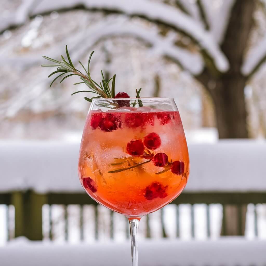 A photo of a winter Aperol spritz cocktail in a large wine glass. The cocktail has a bright orange color from the Aperol and a splash of cranberry. The glass is garnished with fresh berries and a rosemary sprig. The drink is placed against a wintery background with snow-covered trees and a fence. The vibrant cocktail stands out beautifully against the white backdrop.