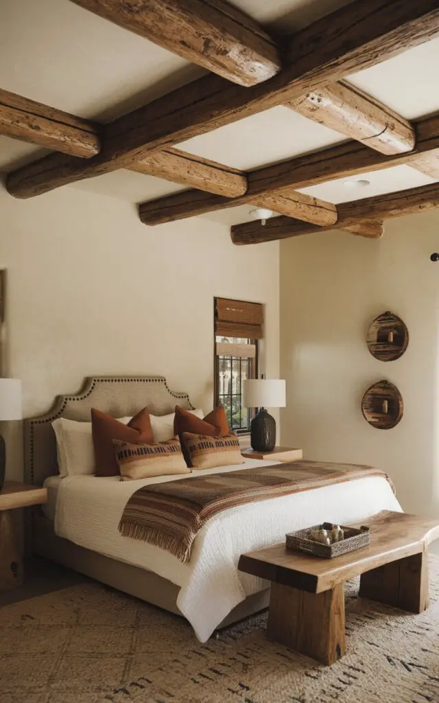 A photo of a Southwestern bedroom with a cozy bed and exposed wooden beams on the ceiling. The beams have a dark, natural wood color and contrast with the light-colored walls. There are wooden side tables in the room, adding to the desert-inspired warmth of the space. The room has a rustic touch.