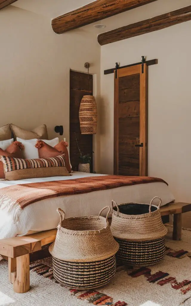 A Southwestern bedroom with a cozy bed. There are woven baskets placed near the bed, made from natural fibers. These baskets offer practical storage while adding an organic, textural element to the space. The room is styled with earthy tones and wooden accents.