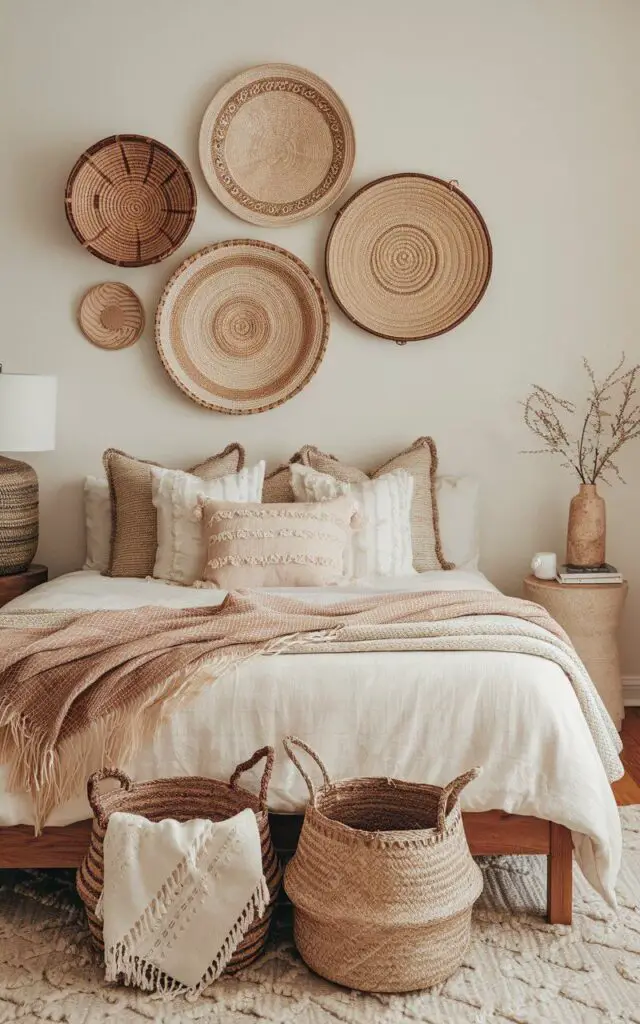 A photo of a boho bedroom with a cozy bed and woven baskets adorning the wall and the foot of the bed. The baskets vary in shape, size, and weave patterns, each adding a rustic charm that complements the natural boho decor. The soft, layered bedding on the bed, along with natural-toned throws, enhances the room's cozy, collected feel. A neutral area rug brings warmth to the wooden floor.