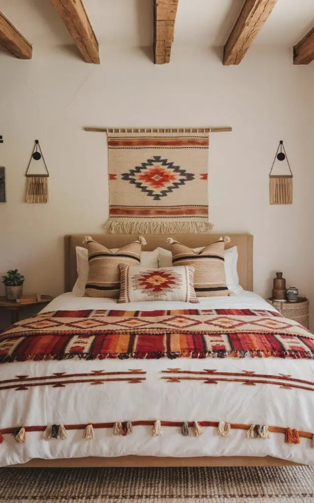 A cozy Southwestern bedroom with a bed layered with woven textiles. The bed has a white duvet cover and is adorned with Navajo-style blankets and kilim pillows. The blankets and pillows have vibrant patterns and add texture to the bed. Above the headboard, there is a woven wall hanging. The wall hanging has a similar pattern to the blankets and pillows, tying the room's design together. The room has a rustic aesthetic, with exposed wooden beams on the ceiling and a few decorative items on the walls.