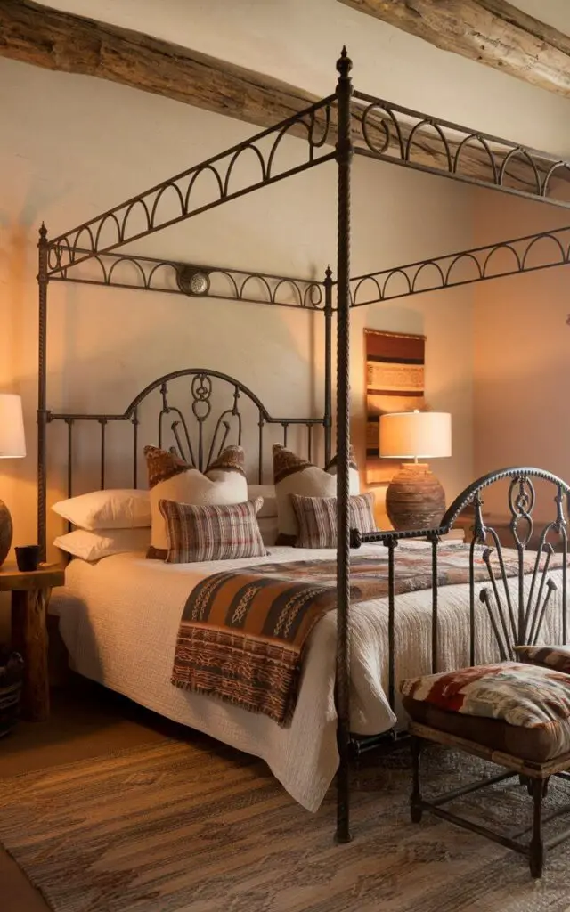 A Southwestern bedroom with a cozy bed as the centerpiece. The bed has an intricate wrought-iron frame. The frame's dark metal contrasts with the soft, neutral bedding. There are rustic wooden side tables and patterned textiles in the room. Warm lighting adds a cozy feel to the space.