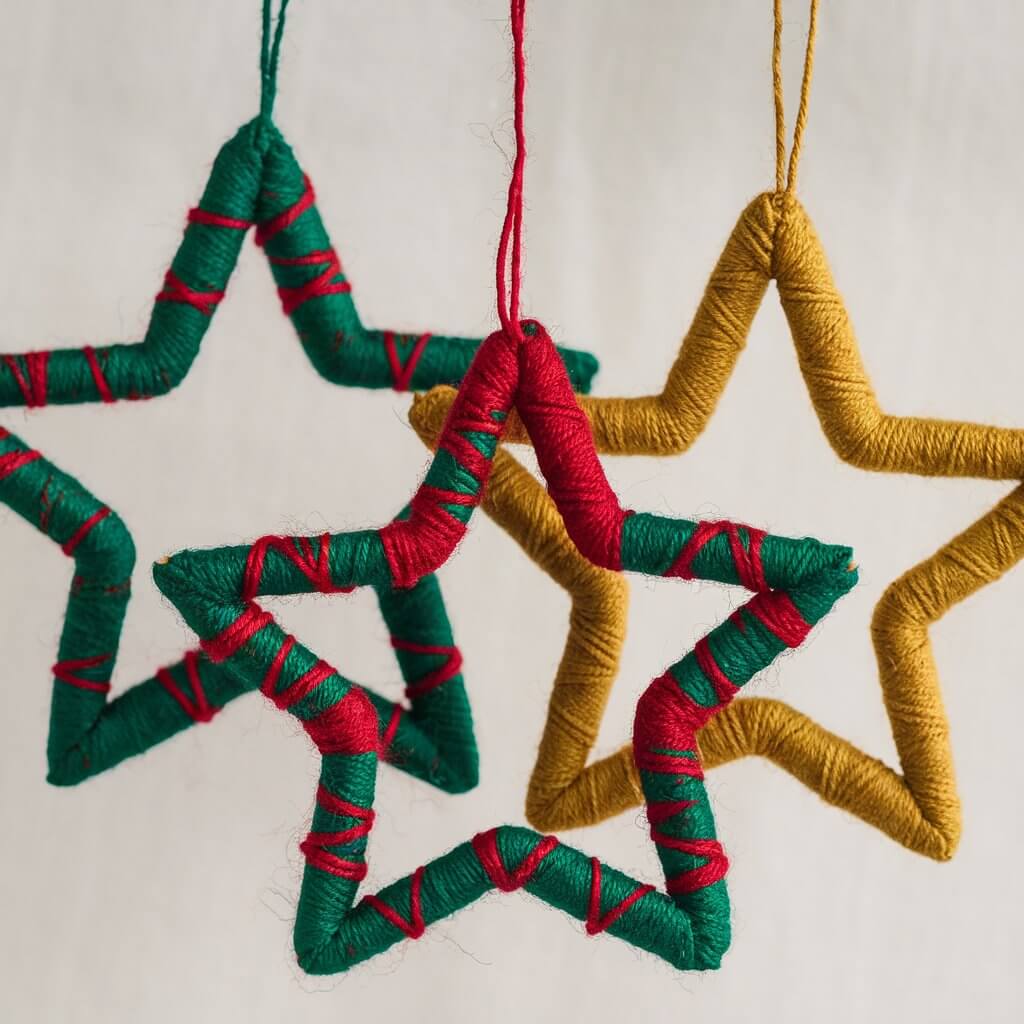 A photo of three star-shaped ornaments wrapped in yarn. The stars are in the colors green, red, and yellow. The yarn is wound around the cardboard or wooden star frames, creating a cozy, homemade appearance. Each star has a piece of string attached to the top, allowing them to be hung as decorative ornaments. These stars are ideal for the holiday season or other festive occasions.