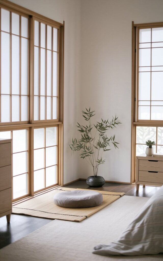 A photo of a peaceful Japandi bedroom with a zen corner. The corner contains a simple floor cushion, a bamboo mat, and a small potted plant. The bedroom has a minimalist design with a few pieces of furniture, including a bed, a dresser, and a nightstand. The walls are painted white, and the floor is covered with a light-colored rug. The room has large windows with wooden frames, allowing natural light to fill the space.