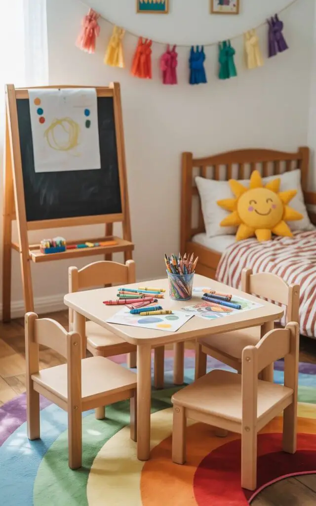 A photograph of a charming toddler bedroom bathed in soft, natural light. A small, child-sized table with four chairs occupies the center of the room, covered with a vibrant array of crayons, markers, and scattered paper sheets. A nearby easel displays a roll of drawing paper and a chalkboard surface, positioned against a wall adorned with colorful wall decals and a string garland showcasing the toddler’s artwork. A rainbow-themed rug anchors the space, complemented by a cozy toddler bed with a striped comforter and a smiling sun pillow, creating a cheerful and inspiring atmosphere.