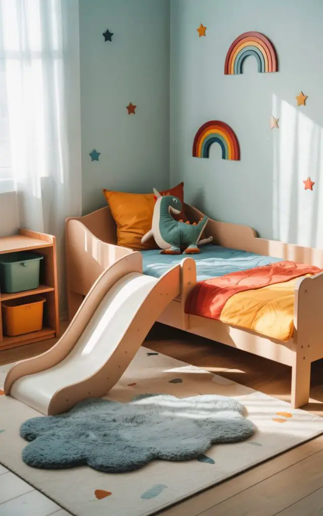 A photograph of a cozy toddler bedroom bathed in soft, natural light. A small child's bed, featuring a playful built-in slide, dominates the scene, adorned with vibrant primary-colored bedding and a friendly dinosaur pillow. A fluffy cloud-shaped rug sits at the base of the slide, while playful rainbow and star decals decorate the walls. The room is bright and inviting with a low bookshelf and a toy chest neatly organized against a light blue wall, enhancing the cheerful atmosphere.