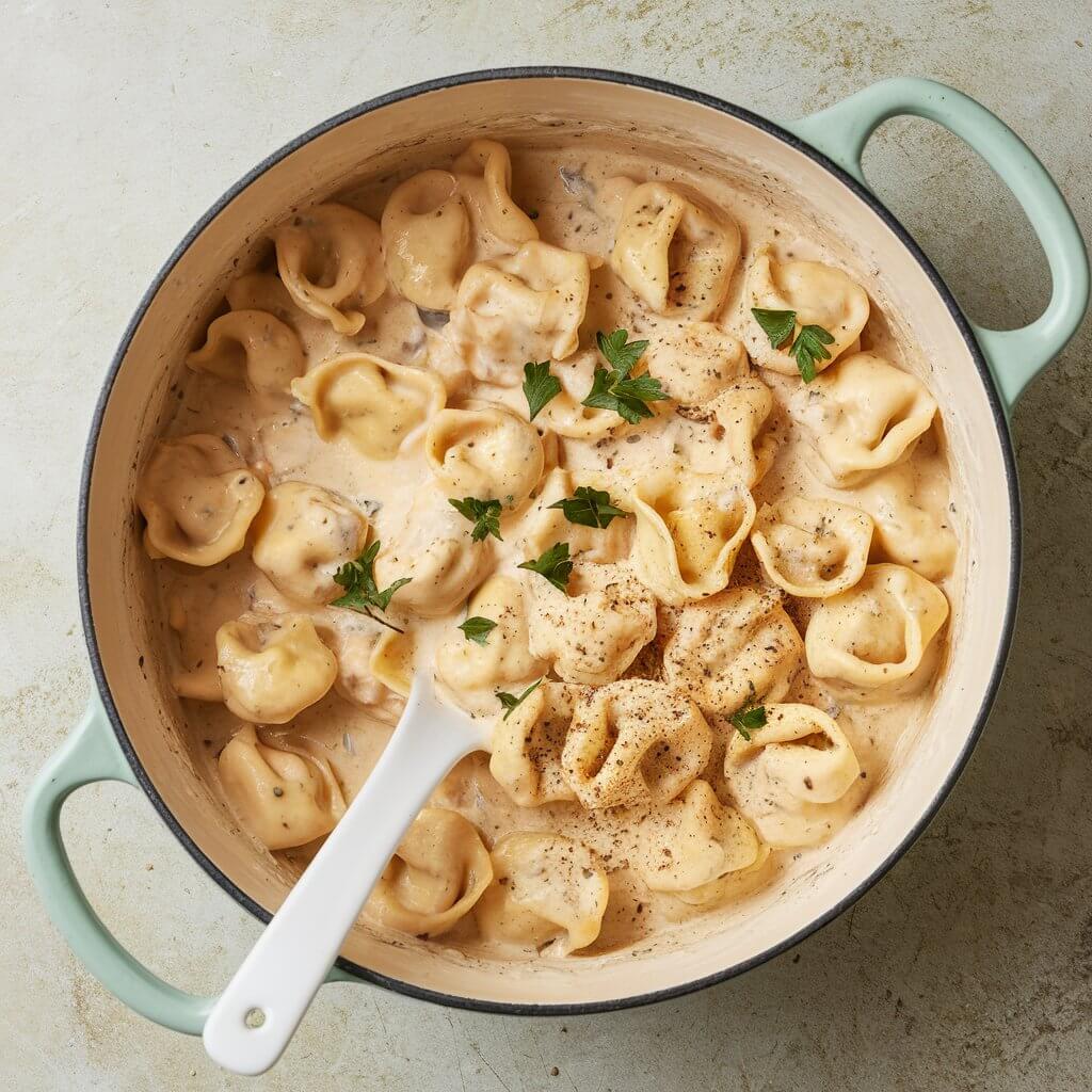 A photo of a large, round, light-colored enameled cast iron pot filled with creamy tortellini Alfredo. The pot sits on a textured, light gray surface. A white serving spoon is positioned in the lower left side of the pot, partially submerged in the sauce. The sauce has a slightly glossy finish and is lightly sprinkled with small flecks of ground black pepper. Scattered across the top are a few pieces of finely chopped green parsley for garnish.