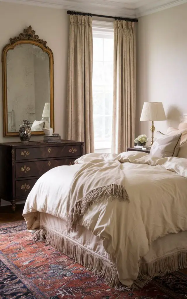 A photo of a traditional bedroom with a cozy bed draped in soft cream bedding. There is an antique mirror above a dark wood dresser with ornate details on the gilded frame. Light filters in softly from a window framed by silk curtains. The room has a classic brass lamps on the bedside tables. A fringed Persian rug anchors the bed, adding richness to the traditional, elegant setup.