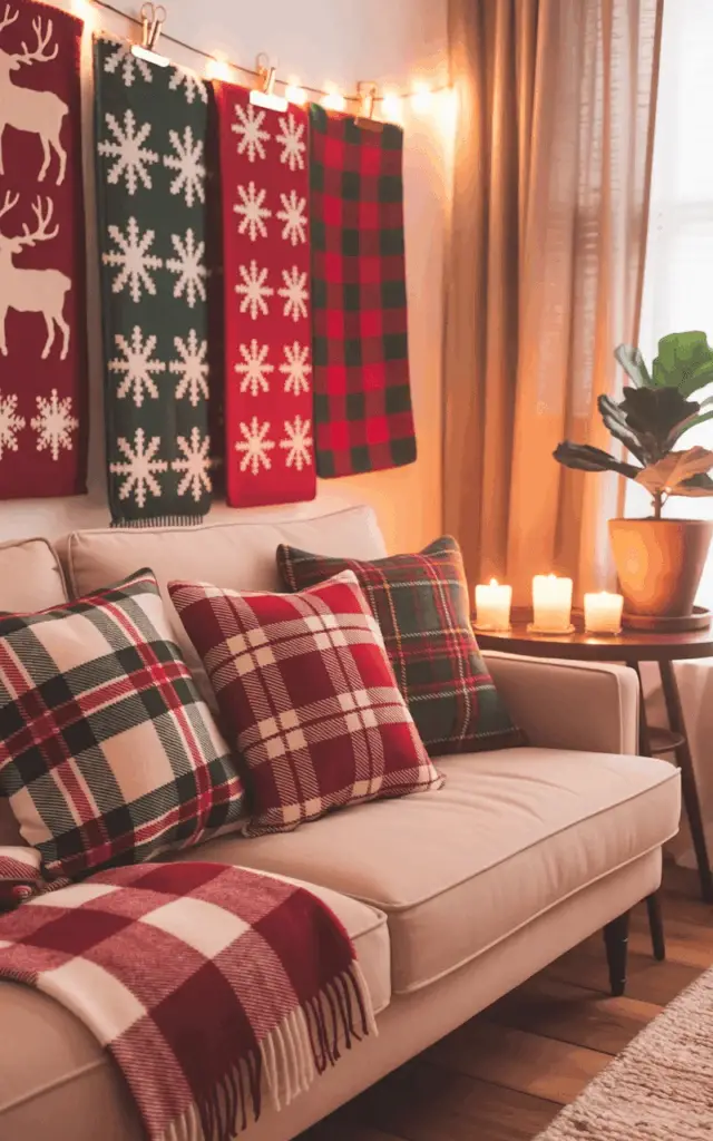 A plush, beige sofa sits centered in a well-lit living room, adorned with several square cushions covered in a mix of plaid and snowflake patterns. Three rectangular Christmas-themed throws—one displaying reindeer silhouettes, another showcasing a repeating snowflake design, and the third featuring a traditional red and green plaid—hang vertically on the wall behind the sofa, secured with simple brass clips. A small, round wooden table rests to the side of the sofa, holding three unscented beeswax candles in glass holders that cast a soft glow. Natural light streams through sheer linen curtains, illuminating the hardwood floor and a potted fiddle-leaf fig plant in a terracotta pot positioned near the window.