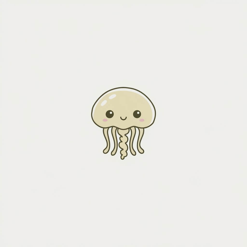 A minimalist, plain white background illustration of an adorable baby jellyfish. The jellyfish is tiny and round, colored in soft yellow, with short, stubby tentacles. Its large eyes and small smile give it a kawaii charm, and it is drawn in a simplistic style.