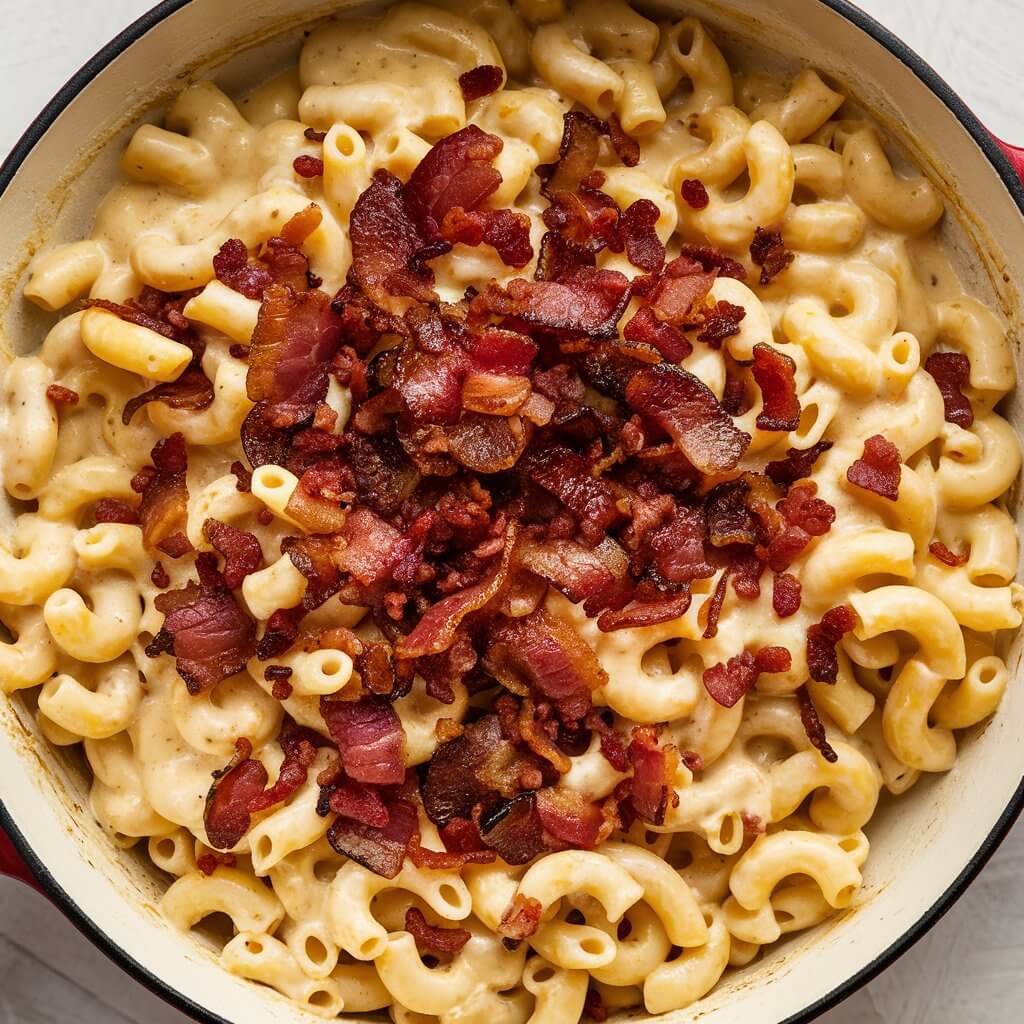 A comforting shot of creamy bacon mac and cheese, served in a round enamel skillet. The pasta, likely elbow macaroni, is coated in a thick, creamy cheese sauce with pieces of crispy crumbled bacon scattered throughout. The bacon adds a savory crunch, while the creamy sauce looks decadent and satisfying.