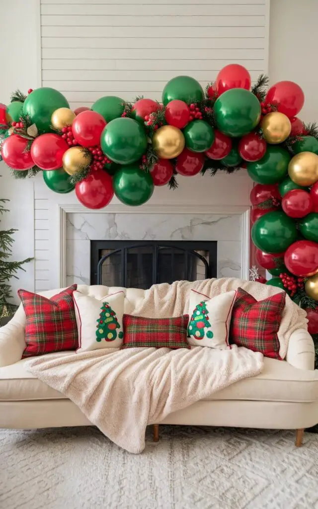 A Christmas living room with a colorful balloon garland in red, green, and gold draped over the fireplace. Below the balloons, a very cozy sofa in cream fabric is decorated with holiday-themed throw pillows and a plush blanket. The playful balloons add a fun, modern twist to the traditional holiday decor.