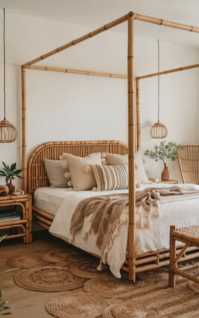 A boho bedroom with a cozy bed framed by bamboo accents. The bed is layered with soft, neutral bedding and a mix of pillows. Bamboo side tables and a bamboo chair contribute to the room's earthy aesthetic. Small potted plants and a woven jute rug add texture and color. The soft glow of pendant lighting complements the bamboo's warm tones, creating a serene and relaxing atmosphere that epitomizes bohemian charm.