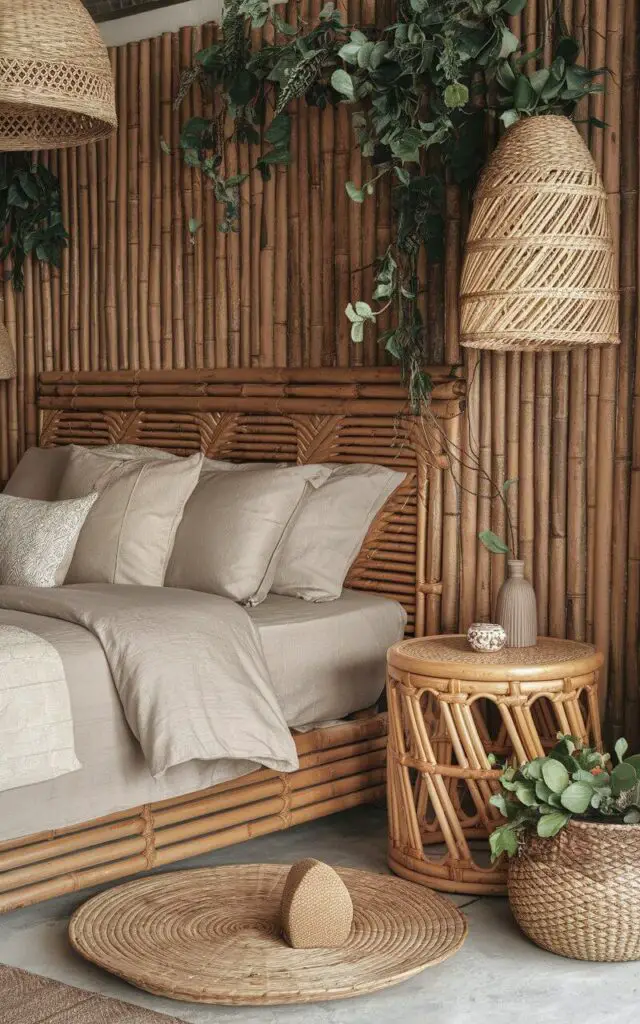 A photo of an earthy bedroom with a cozy bed, bamboo, and cane accents. The bed has a bamboo headboard and is dressed in soft beige bedding. A cane side table sits beside the bed. There are woven baskets scattered around for texture, and greenery in bamboo pots adds freshness. The combination of bamboo and cane materials creates a warm, cohesive design.