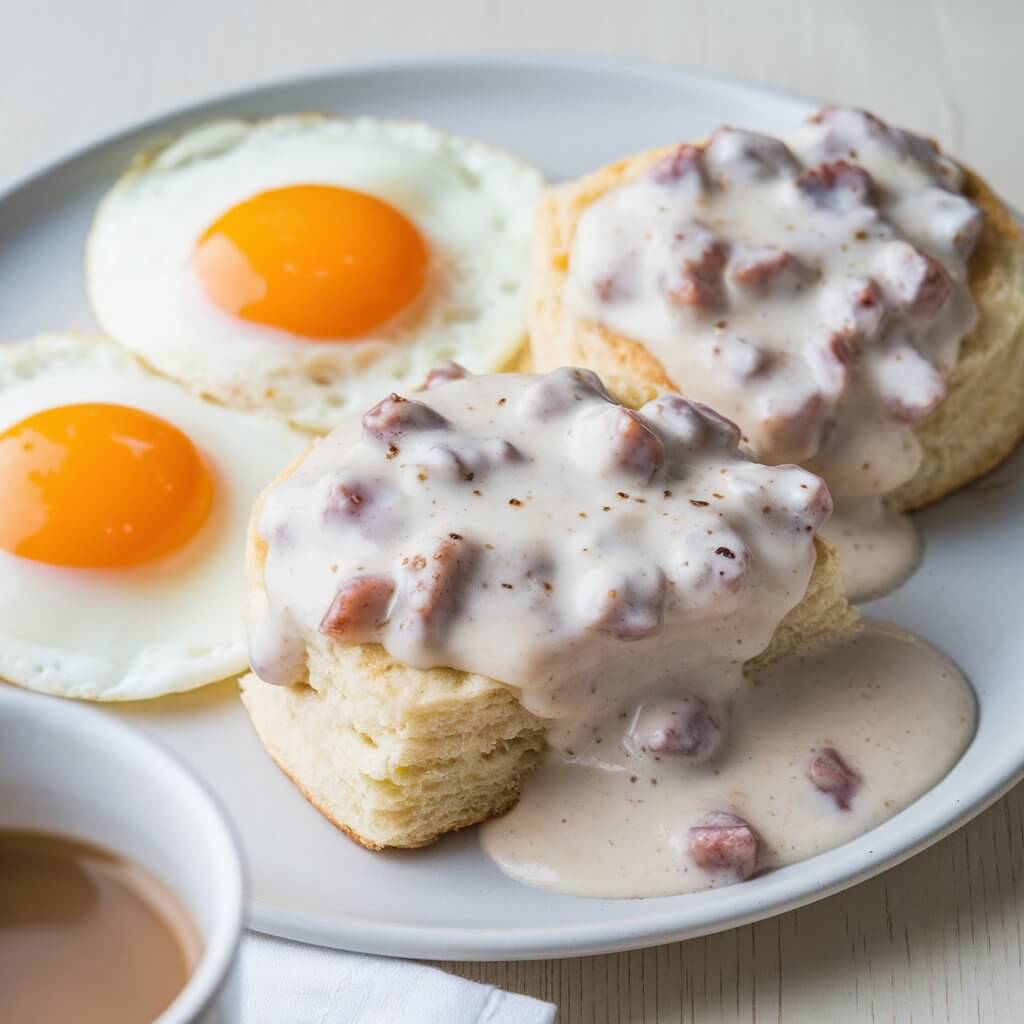 A close-up shot of a breakfast plate with two main elements. On the left, there are two sunny-side-up eggs with bright orange yolks and cooked whites. The yolks are intact and slightly glossy, indicating that they are soft and runny inside. On the right, there are two split buttermilk biscuits covered generously with sausage gravy. The gravy is creamy white and speckled with visible pieces of cooked, crumbled sausage, adding texture. The biscuits are light golden brown, fluffy, and topped with a light dusting of black pepper for added flavor. The background is a light wooden surface that complements the neutral tones of the plate and food. In the lower left corner of the image, part of a white cloth napkin is visible. A steaming mug of coffee adds a touch of softness to the scene. The plate itself is light white with a thin, contrasting rim, enhancing the presentation of the meal. The lighting is