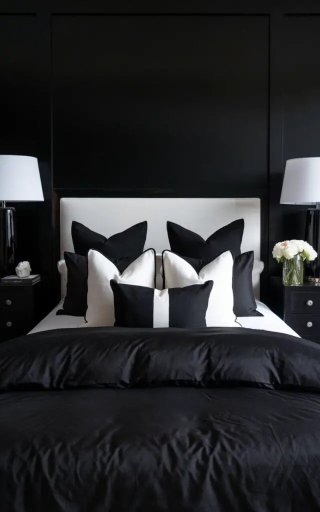 A photo of a bold black and white bedroom with a cozy bed. The bed has black linens and white accent pillows. The dark bedding creates a rich, dramatic effect, while the white pillows add a refreshing touch. Black bedside tables with white lamps add symmetry, and the overall look is moody yet elegant.