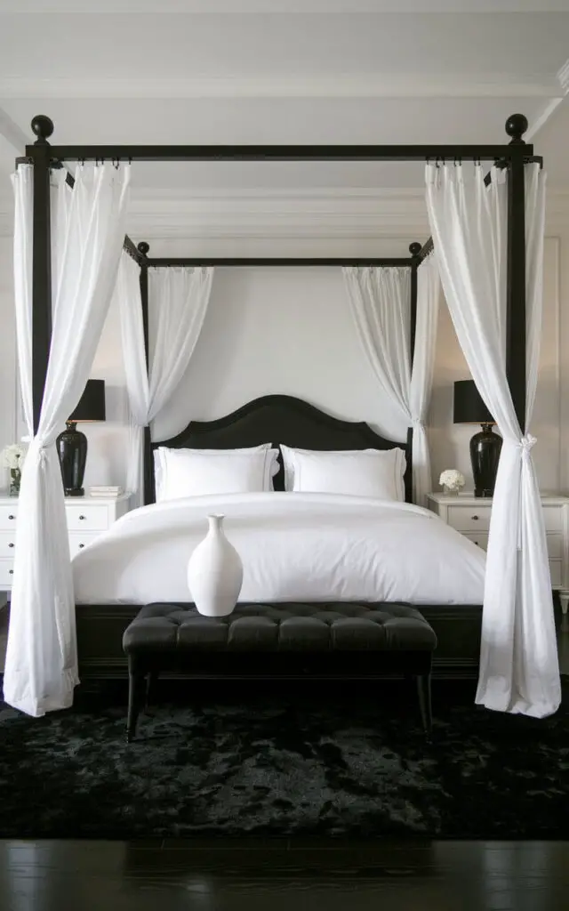 A photo of a luxurious black and white bedroom with a black canopy bed. The bed is dressed in crisp white linens. The canopy frame adds drama and elegance, with white curtains draped on each side. A black area rug lies beneath the bed, complementing the dark wood floors. White nightstands with black lamps add contrast, and a single white vase on the nightstand brings softness to this glamorous setup.