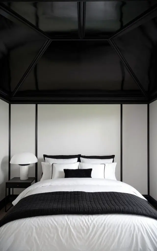 A photo of a black and white bedroom with a dramatic black ceiling that contrasts with the bright white walls. A cozy bed sits in the center with white bedding and a black quilted throw. The room's black trim mirrors the ceiling, adding cohesiveness. A simple black nightstand with a white lamp is placed beside the bed. The room has a minimalist, intimate vibe, making it feel cozy yet sophisticated.