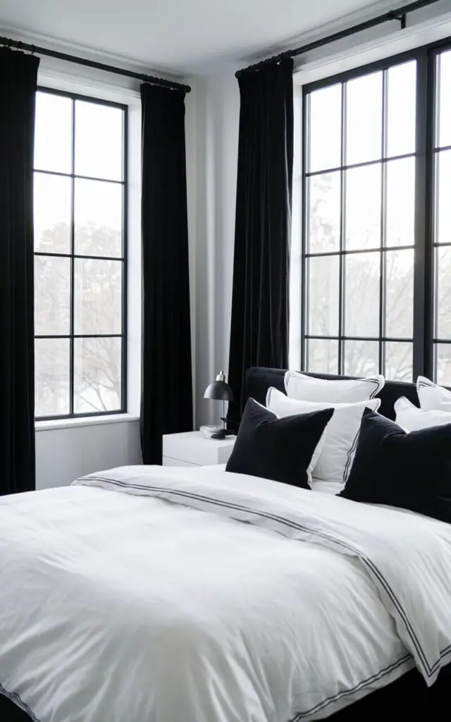 A sophisticated black and white bedroom with black-framed windows bringing a modern touch and framing the view. A very cozy bed with soft white linens rests in the center, with black accent pillows adding contrast. Black curtains are drawn back to let in natural light. A simple white nightstand sits beside the bed with a small black lamp, adding to the polished, airy look of this refined space.