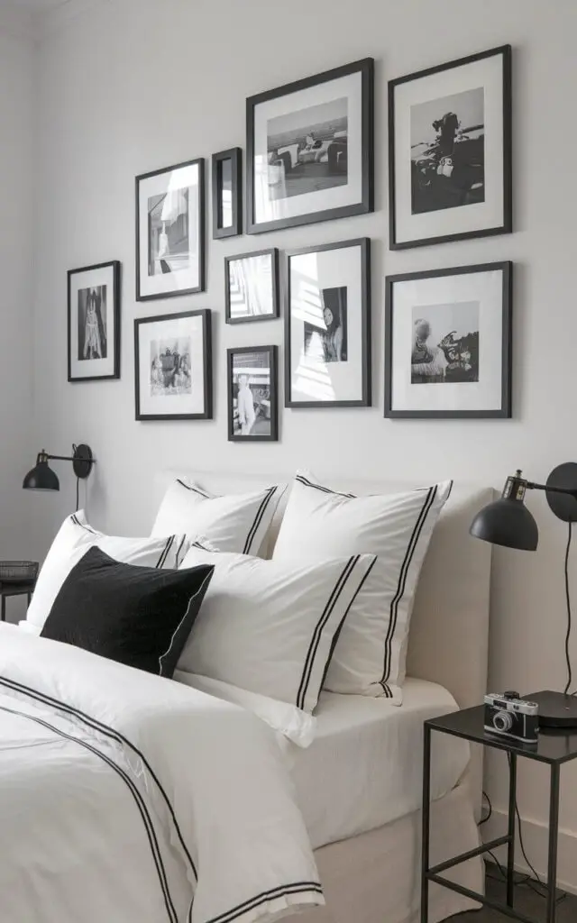 A photo of a black and white themed bedroom with a cozy bed, soft white linens, and black pillows. The wall above the bed features a gallery wall with framed black-and-white photos arranged in a stylish and intimate manner. Each photo has a sleek black frame, creating a cohesive look against the room's white walls. The bedside tables in matte black hold small white lamps, and a single vintage camera rests on one table, highlighting the room's artistic ambiance.