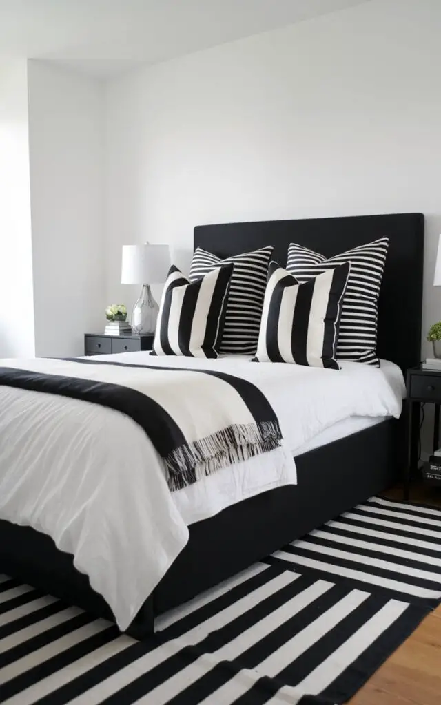 A photo of a black and white bedroom with a cozy bed. The bed has black and white striped pillows and a monochrome-striped throw blanket. The bedding contrasts with a solid black bed frame. A striped area rug adds visual interest below the bed. White walls brighten the room. A small black nightstand with a white lamp is placed next to the bed.