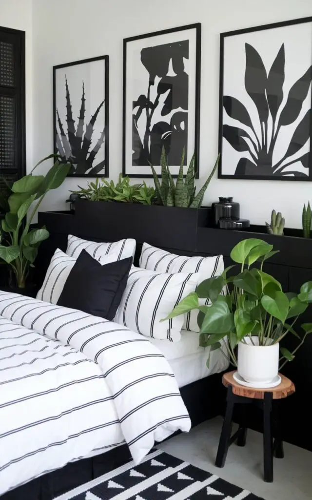 A black and white bedroom with a cozy bed, white bedding, and black pillows. There are green potted plants beside the bed. The room has black planters and black-and-white framed artwork of plants. A small wooden stool holds a white pot.