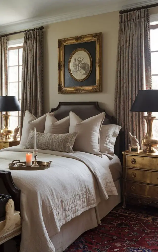 A photo of a classic traditional bedroom with a brass-accented design. The room features a cozy bed draped in soft, neutral linens and textured pillows. The bed has a dark wood headboard, and brass lamps on matching nightstands cast a warm glow. Above the bed, a framed art piece with a vintage gilded frame adds an antique touch. A small brass tray on the nightstand holds a candle and delicate jewelry. The room has rich, heavy curtains at the windows, and a Persian rug covers the floor. Brass accents bring timeless elegance to the space.