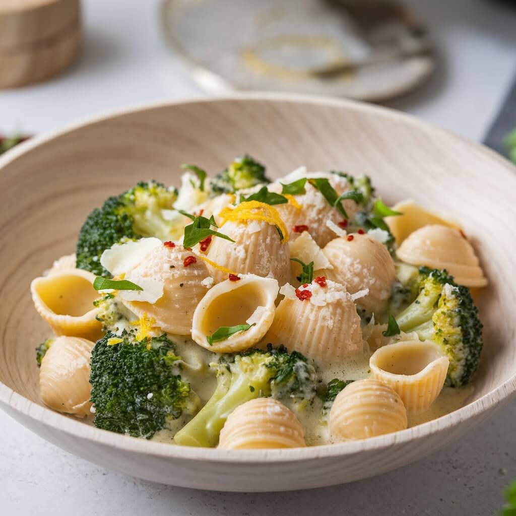 A photo of a creamy pasta dish with medium-sized shell-shaped pasta and broccoli, garnished with Parmesan cheese, red pepper flakes, parsley, and lemon zest. The dish is served in a light wooden bowl. The background is blurred and contains a few kitchen items.