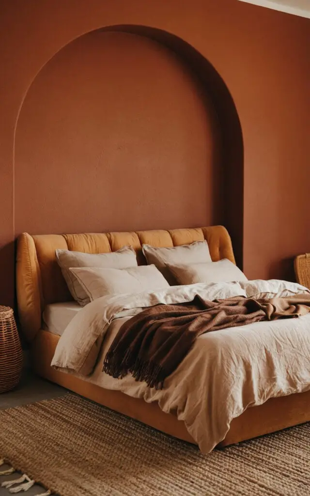 A cozy minimalist earthy bedroom with a burnt orange accent wall creates a bold, warm backdrop for a very cozy upholstered bed. The bed is styled with soft beige linens and a dark brown throw blanket that pairs well with the wall's rich color. The earthy tones are complemented by wooden furniture and woven decor, such as a jute rug and wicker basket, adding depth and warmth to the overall space.