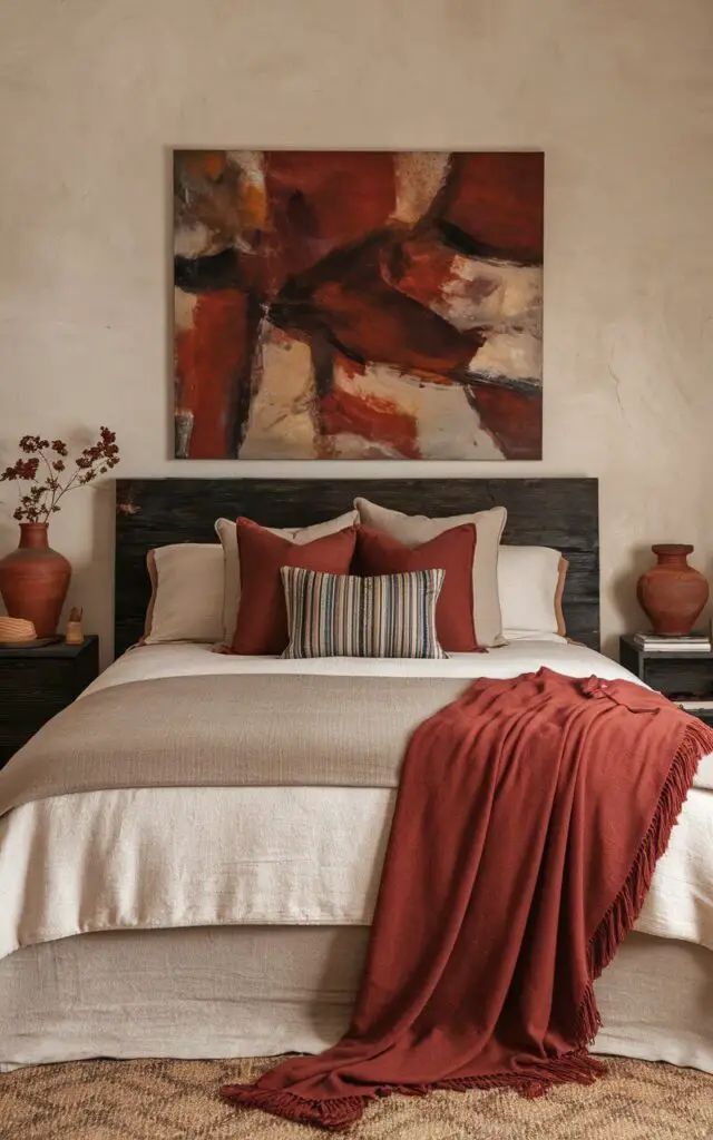 A photo of an earthy bedroom with a cozy bed and bold burnt red accents. The bed is dressed in beige and white layers, with a striking burnt red throw blanket draped across the foot and matching throw pillows. A dark wooden headboard anchors the space. Small terracotta pots on the nightstands bring continuity to the red tones. Above the bed, an abstract painting with earthy reds and browns ties the room together, creating a lively yet grounded atmosphere.