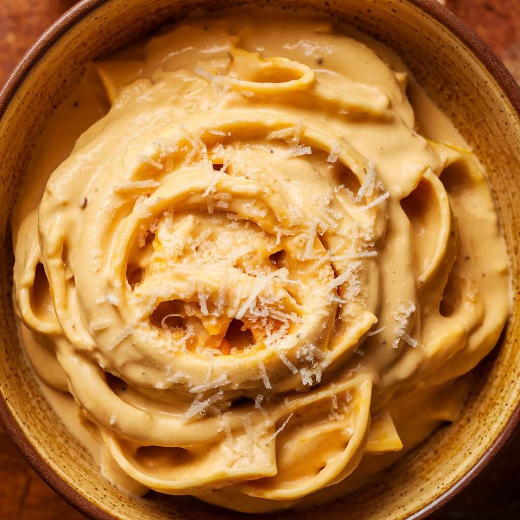 A cozy shot of creamy butternut squash Alfredo, served in a warm-colored ceramic bowl. The creamy sauce has a subtle orange hue from the squash, making it look inviting and autumnal. The creamy sauce envelops the pasta, with grated Parmesan melting into the sauce, giving it a soft, creamy finish. The earthy tones of the dish capture the essence of fall comfort food.