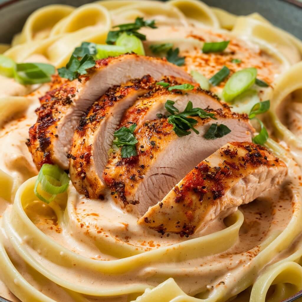 A photo of a close-up shot of creamy pasta with Cajun chicken. The pasta is fettuccine, smothered in a spicy, creamy Alfredo sauce. Slices of Cajun-spiced chicken breast rest on top, each piece cooked to perfection with a slightly charred, golden-brown crust that contrasts against the pale, creamy sauce. A sprinkle of chopped parsley and sliced green onions adds a pop of color. The creamy sauce appears thick and well-seasoned, with flecks of spices peeking through, while the bold Cajun seasoning on the chicken promises a flavorful kick. The pasta is on a ceramic plate.