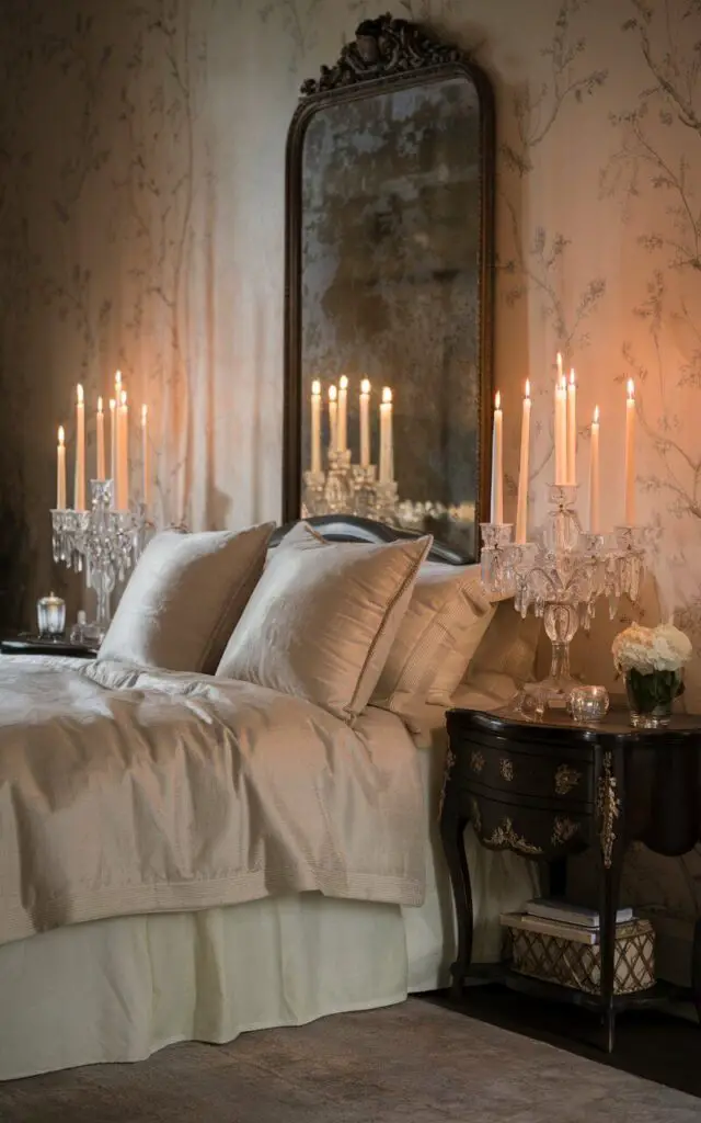 A photo of a traditional bedroom with a cozy, candle-lit ambiance. There's a very cozy bed covered in soft, cream-colored linens and decorative pillows. Beside the bed, crystal candle holders sit on elegant, dark wood nightstands, each holding tapered candles that flicker warmly, casting gentle shadows. Above the bed, an ornate antique mirror reflects the candlelight, adding depth and drama to the space. The walls are adorned with subtle botanical wallpaper, and a plush rug lies underfoot, enhancing the room's inviting feel.