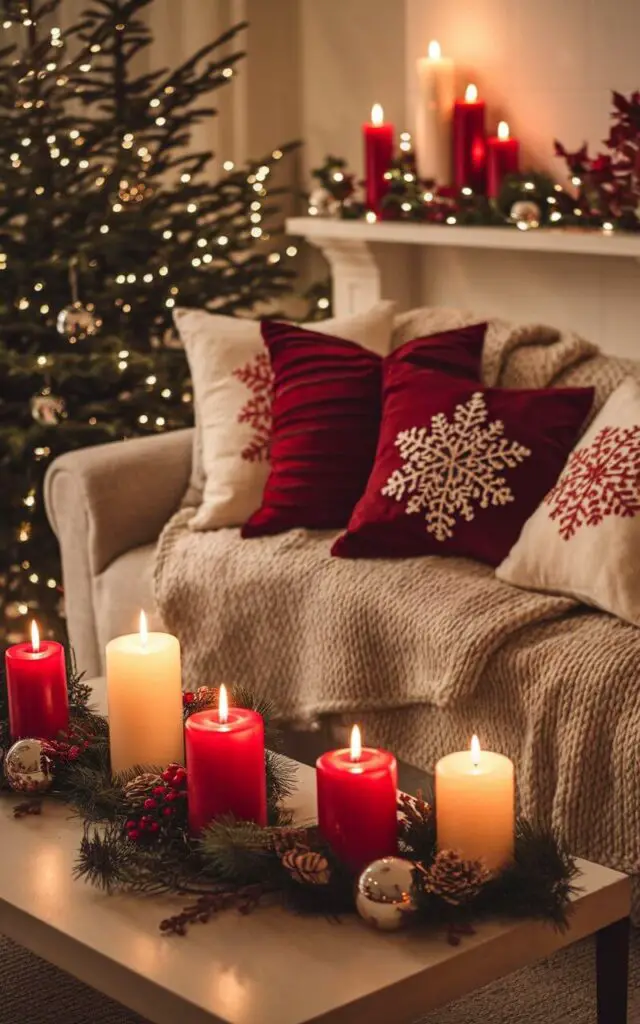 A photo of a cozy Christmas living room with a candlelit ambiance. There are pillar candles in red and white placed on the coffee table, mantel, and side shelves. A very cozy sofa sits nearby, adorned with knitted throws and holiday-themed pillows in warm tones. Small evergreen arrangements surround the candles. The glow of the tree lights reflects off metallic ornaments scattered throughout the space.