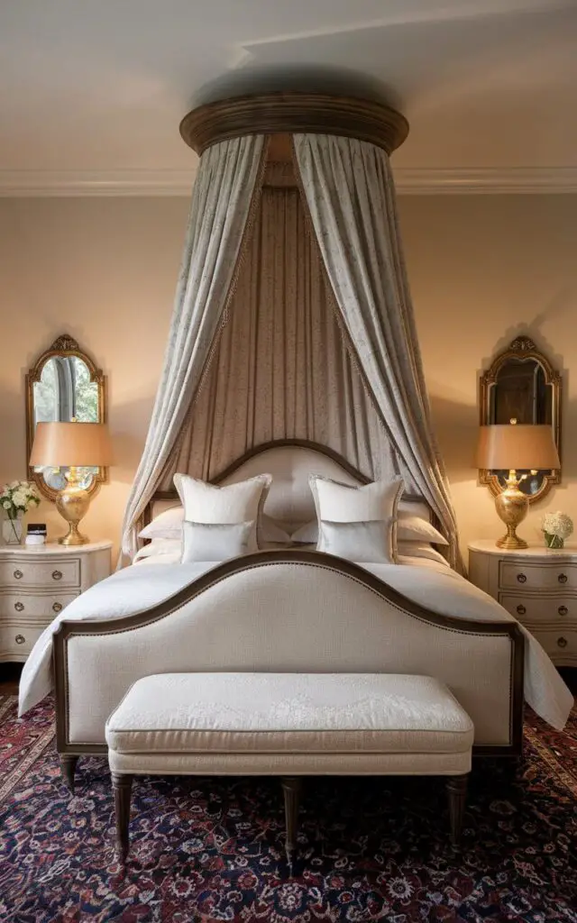 A photo of a traditional bedroom with a luxurious canopy over a cozy upholstered bed. The bed has soft, white linens. The canopy is made of light, flowy fabric and is supported by a dark wood frame. The frame adds a touch of elegance. Matching nightstands with brass lamps flank the bed, casting a warm glow. A plush Persian rug is placed beneath the bed, enhancing the cozy, traditional feel of the room and making it feel like a retreat.