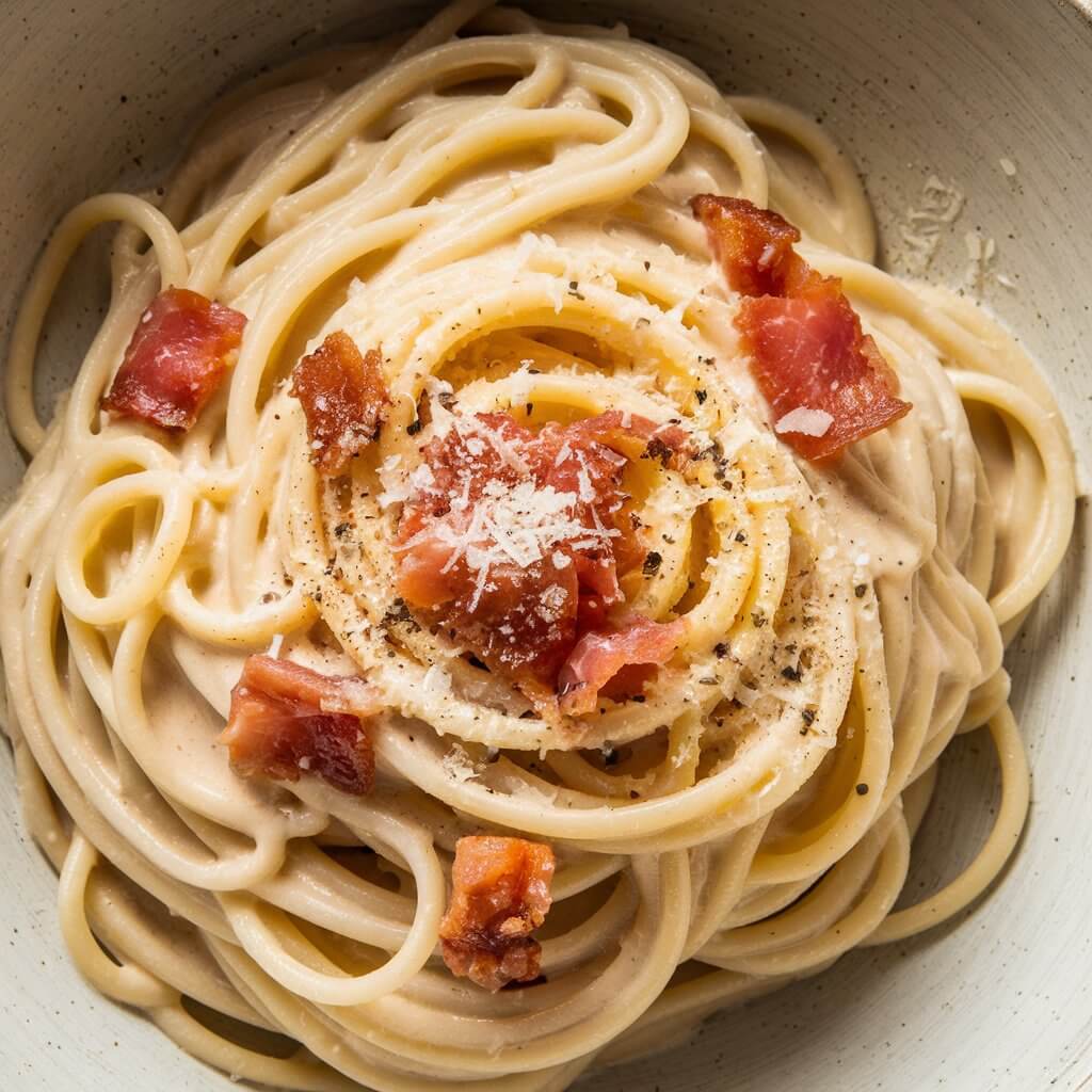 A classic, cozy shot of creamy pasta carbonara in a shallow bowl. The spaghetti is enveloped in a silky sauce created from egg yolk, Parmesan, and pancetta. Crispy pieces of pancetta are scattered throughout, providing a savory crunch against the creamy pasta. A sprinkle of freshly cracked black pepper and grated Parmesan tops the dish, giving it an inviting and rustic look. The creamy sauce has a delicate sheen, highlighting its smoothness and creamy richness.