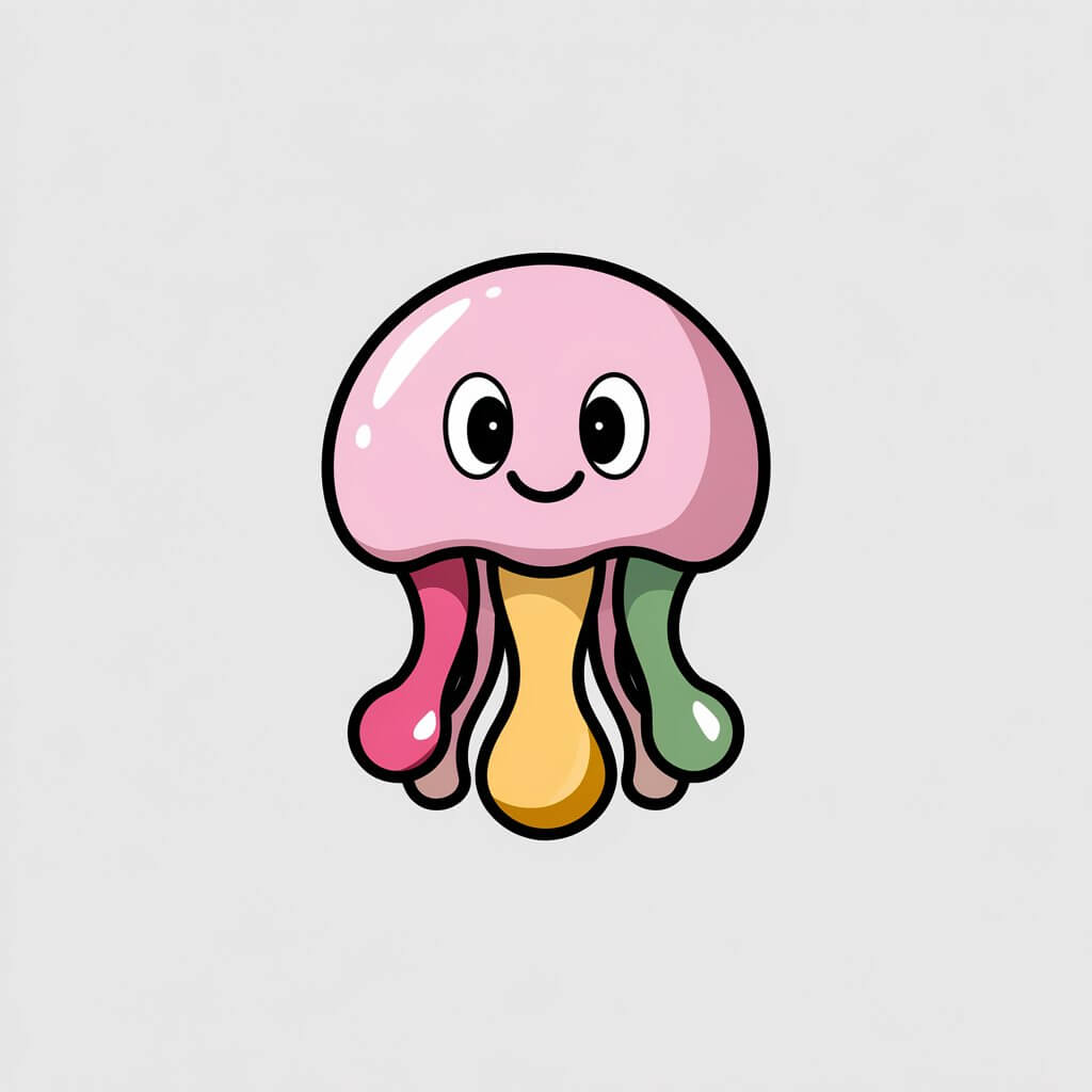 A plain white background contains an illustration of a cartoon-style jellyfish. The jellyfish has an oversized, round bell with a smiley face and large, expressive eyes. The tentacles are short and bouncy, with bright colors like pink, yellow, and green. The jellyfish has a cheerful, playful appearance, designed for a fun and lighthearted vibe.