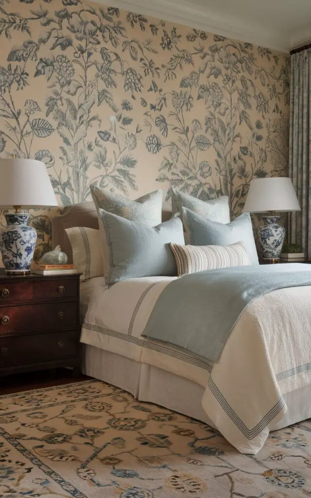 A photo of a traditional bedroom with Chinoiserie wallpaper featuring delicate floral designs in pale blues and greens. The room contains a cozy bed with crisp white and light blue bedding. Dark wood nightstands with blue and white ceramic lamps are placed beside the bed. An oriental rug with muted colors and intricate patterns covers the floor. The room has a warm, soft light that enhances the richness of the Chinoiserie art.